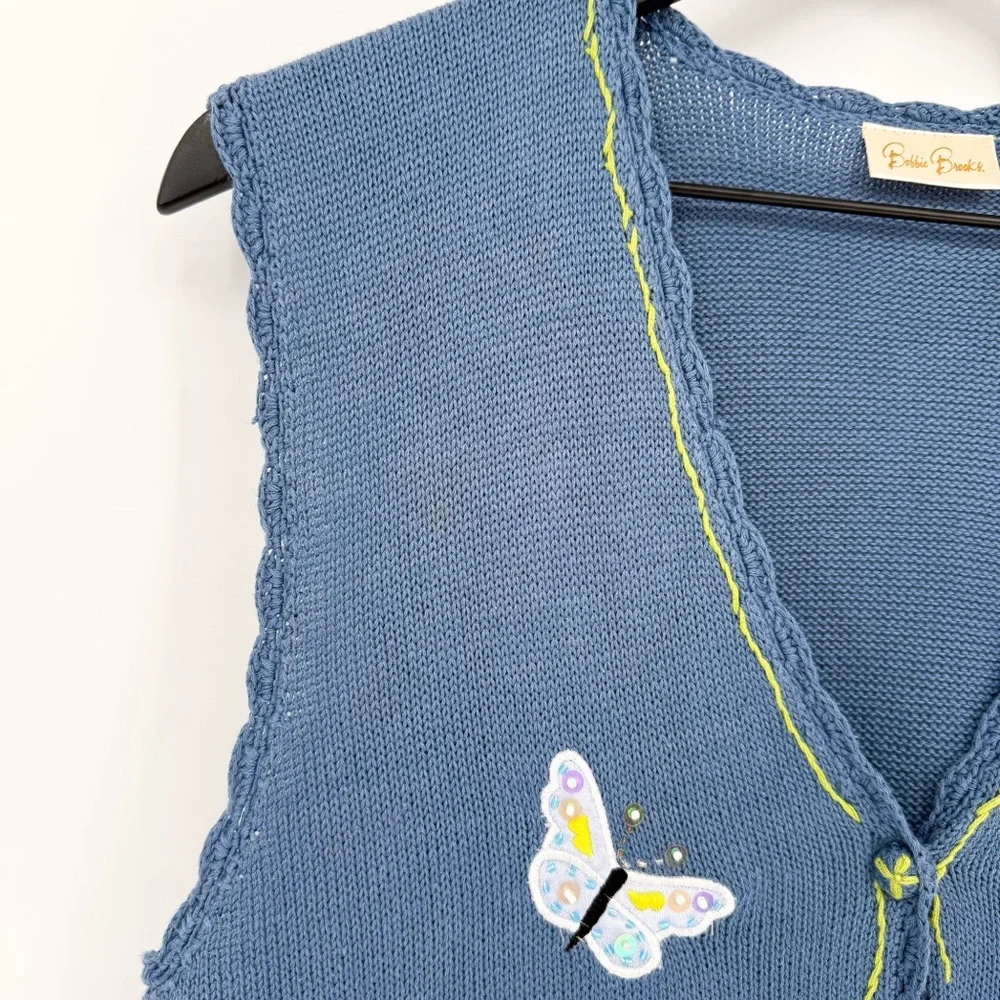 Bobbie Brooks Fairycore Embellished Embroidery Butterfly Knit Vest Blue Large